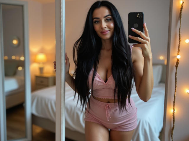 StellaModel with long black hair, pink ribbed crop top, and matching shorts, holding a phone, smiling, showing her tits, standing in front of a mirror, bedroom, fairy lights.