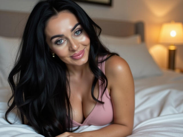 StellaModel met lang zwart haar, blauwe ogen, een roze tanktop en een diep decolleté, lachend op een bed, haar borsten zijn licht zichtbaar, witte kussens en een lamp op de achtergrond..