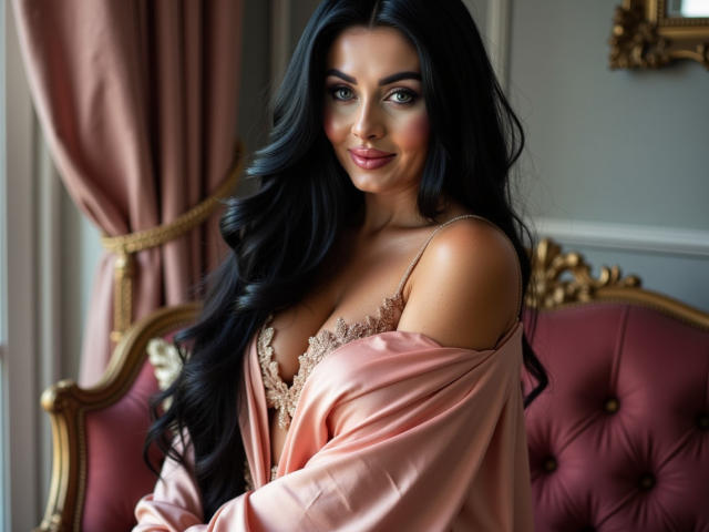 StellaModel met lang zwart haar, een roze satijnen badjas die van haar schouders glijdt, waardoor een kant beha zichtbaar is met haar borsten, lachend, zittend op een roze gestoffeerde stoel, en een sexy uitstraling..