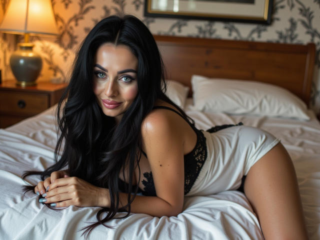 StellaModel with long black hair, blue eyes, and a smile, wearing a black lace bra and white panties, lying on a bed with white sheets, showing her tits.