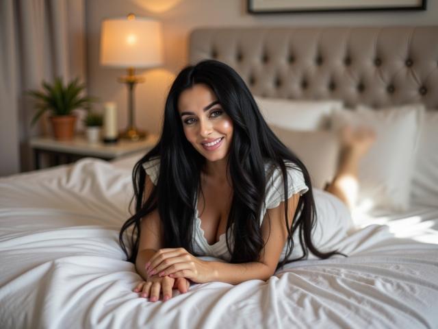 StellaModel met lang zwart haar, lachend, liggend op een bed, witte blouse, handen op het bed, schattig, borsten licht zichtbaar, slaapkamer met lamp en potplant op de achtergrond..