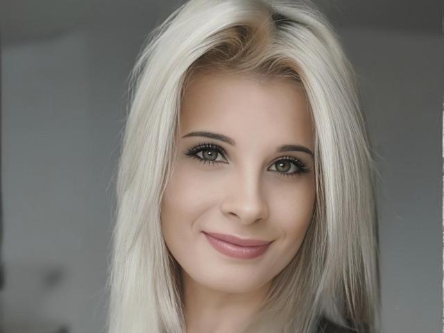 KristineLovely has platinum blonde hair, green eyes, and a subtle smile with pink lipstick. She's looking directly at the camera with a cute, sexy, and attractive face.