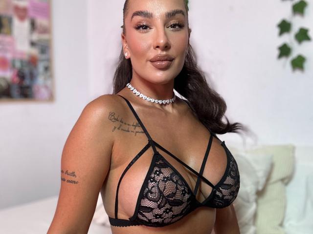 CheyenneSinLimites with tan skin, dark hair, wearing black lace bra, showing large tits, tattoo on left arm, white choker, looking at camera, slight smile, soft lighting.