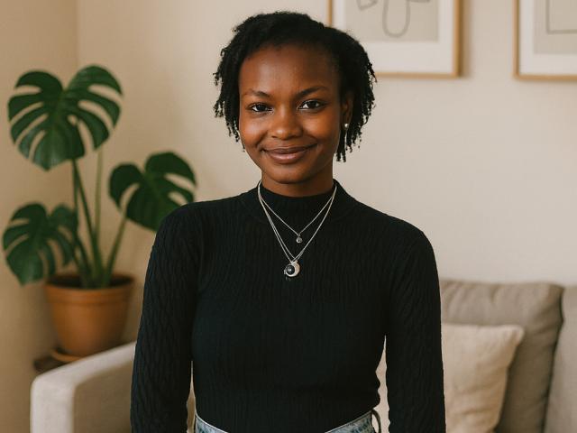 MollieClaudia with dark skin, short curly black hair, wearing a black ribbed long-sleeve top, silver necklace, smiling, standing in front of a green potted plant.