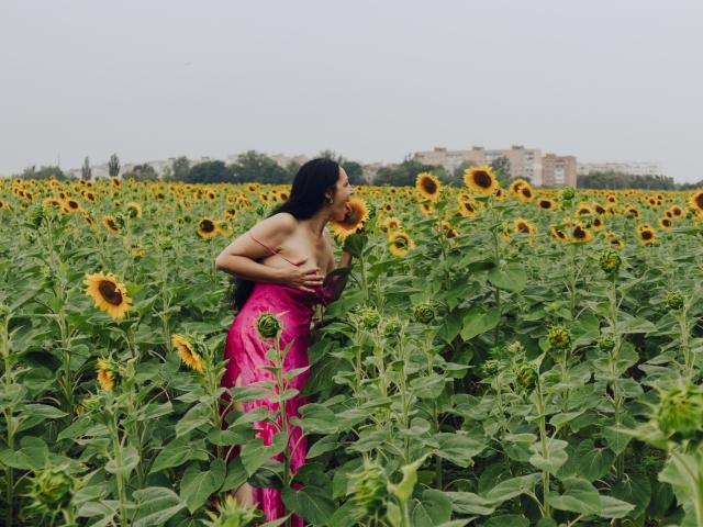 LiluGrants, com cabelo escuro, vestindo um vestido rosa, segura os seios, inclinada em um campo de girassóis, cercada por plantas verdes altas e girassóis amarelos vibrantes..