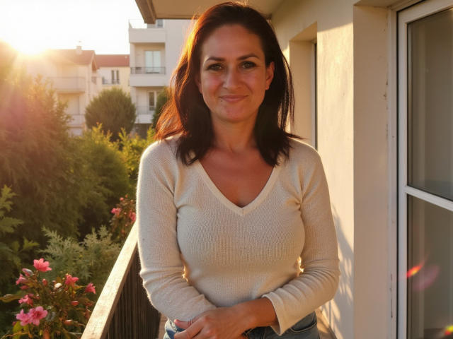 SensualNathalie with medium tits, wearing a white V-neck sweater, standing on a balcony, sunlight in her brown hair, smiling, arms crossed, green eyes, light skin, pink flowers below.
