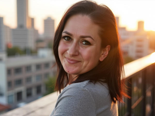 SensualNathalie has medium-length brown hair, a slight smile, and is wearing a gray shirt. Her ass is not visible. City skyline in the background during sunset.