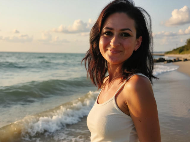 SensualNathalie with dark brown hair, smiling, wearing a white tank top, standing on a beach with gentle waves, her small tits slightly visible. Sunlight highlights her cute face.