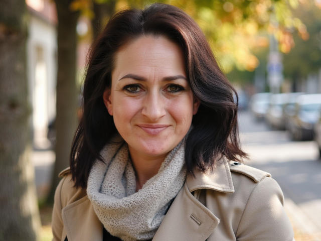 SensualNathalie has dark brown wavy hair, green eyes, and a subtle smile. She's wearing a beige coat and gray scarf, with soft natural light highlighting her face.