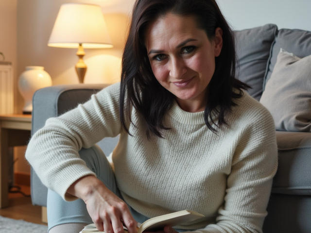 SensualNathalie with dark brown hair, wearing a white knit sweater, sitting on a gray couch, smiling, holding an open book, her hand on the book's cover.