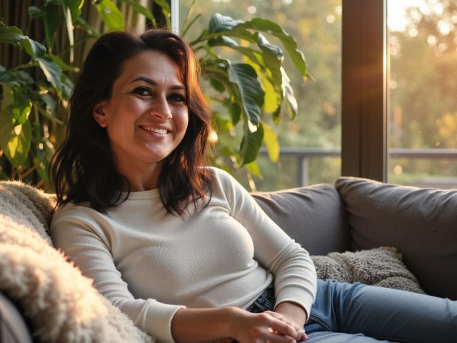 SensualNathalie has medium tits, dark brown hair, and a cute smile. She's wearing a white long-sleeve shirt and blue jeans, lounging on a grey couch in sunlight.