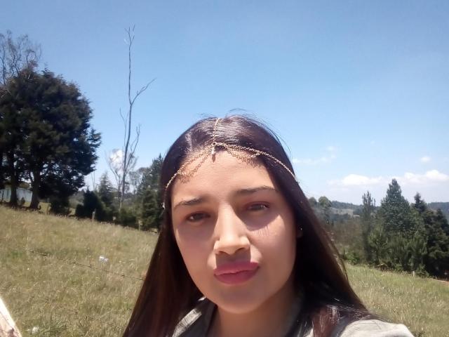 ZafiRouge with long brown hair, wearing a grass headband, pouting pink lips, clear blue sky, and green trees in the background, with a field of grass in the foreground.