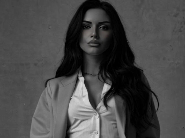 PaolaAdams with long dark hair, wearing a buttoned white shirt and light jacket, has a serious expression, showing her tits slightly under the shirt. Black and white photo.