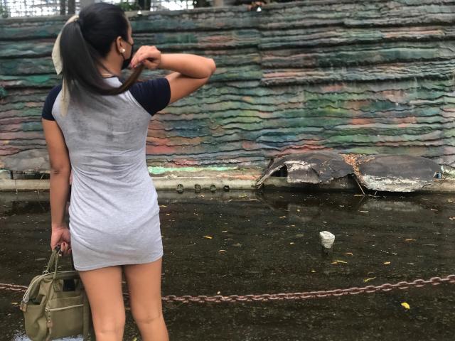 ItsmeJules with dark hair in a ponytail, wearing a grey and black dress, touching her nose, holding a green bag, standing by a dirty water-filled area with broken tiles.