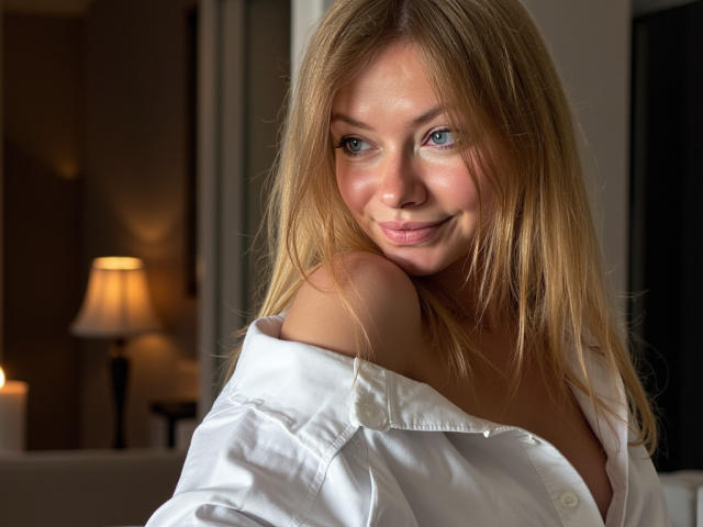 MillieLust with blonde hair, blue eyes, and a slight smile, wearing an off-shoulder white shirt, showing her tits. Soft light, warm background. Gentle, sexy, and cute.