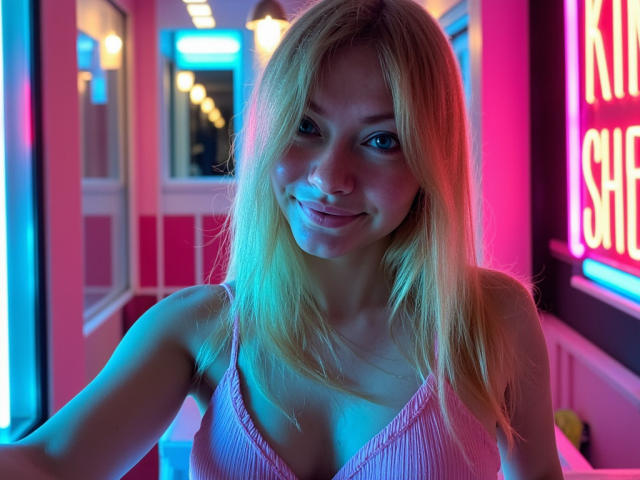MillieLust with blonde hair, blue eyes, and a cute smile, wearing a pink ribbed tank top, showing her small tits, in a neon-lit, pink and blue environment.