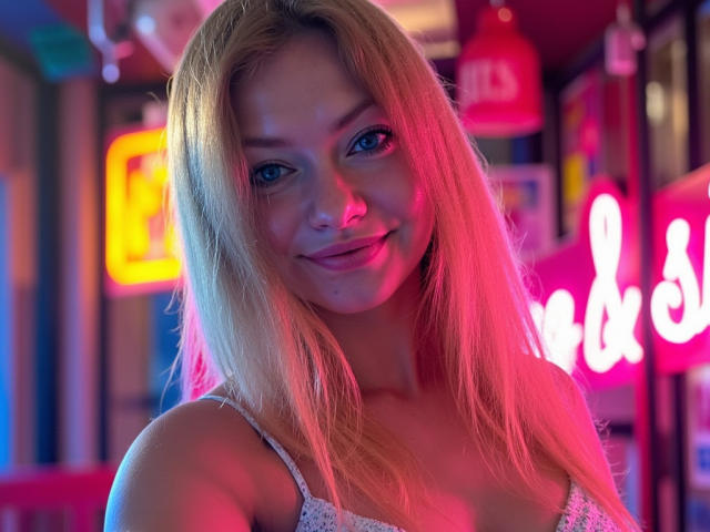 MillieLust with blonde hair, blue eyes, and a cute smile, wearing a white spaghetti-strap top, lit by pink and purple neon lights. Her tits are small and she's sexy.