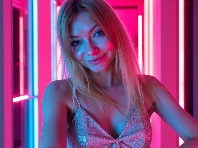 MillieLust has blonde hair, blue eyes, and a cute smile. She's wearing a glittery, silver, low-cut top showing her small tits. Neon pink and blue lights highlight her.