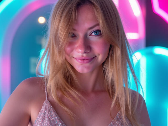 MillieLust has blonde hair, blue eyes, and a cute smile. She's wearing a sparkly pink dress, winking, and showing off her tits in a neon-lit setting.