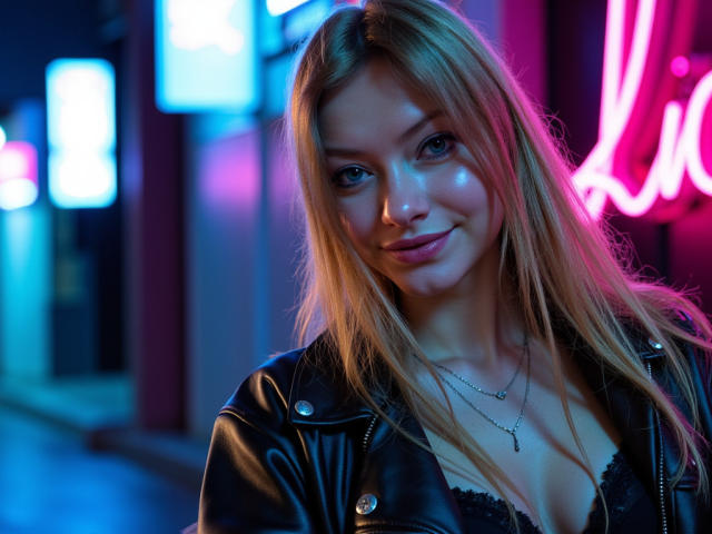 MillieLust with blonde hair, blue eyes, and a slight smile, wearing a black leather jacket and lace bra, neon lights in the background, and a cross necklace.