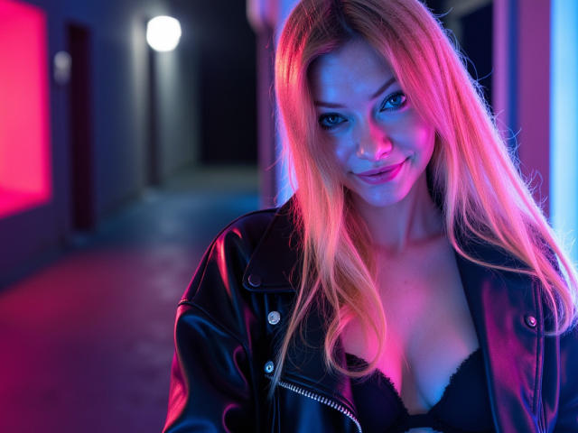 MillieLust with pink and blue neon lighting, blonde hair, leather jacket, black top, showing her tits, smiling, standing in a dark, illuminated hallway.