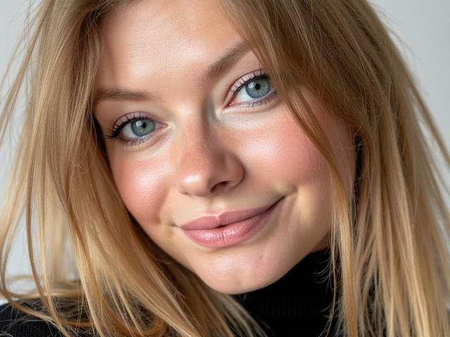 MillieLust has blue eyes, blonde hair, and a slight smile. Her pink lips are slightly parted, showing a bit of her upper teeth. She's wearing a black turtleneck.