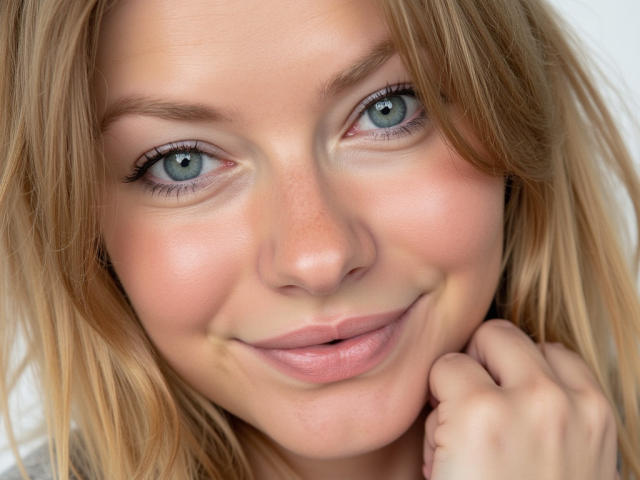 MillieLust has blue eyes, blonde hair, and a slight smile with pink lips, touching her chin with a hand, showing freckles and a natural, attractive face.