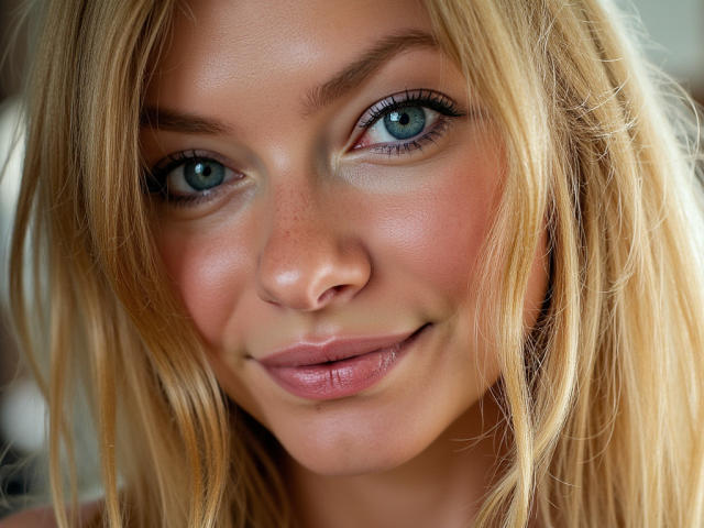 MillieLust has blue eyes, blonde hair, and pink lips with a slight smile. Her freckles are visible on her fair skin. She looks cute and sexy.