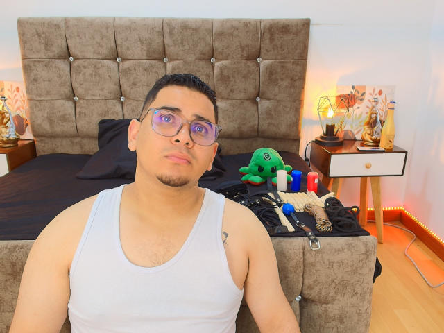DmitriIvanov, chubby dude with glasses, short black hair, white tank top, sitting on bed with tufted headboard, black bedsheet, toy green frog, sex toys, and lamp on nightstand.