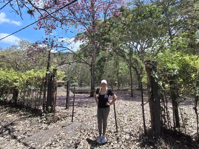 KatherinLatin stands with hands on hips, wearing a black top, gray pants, and white sneakers, under a pink-flowered arch, surrounded by green trees and leaf-covered ground.