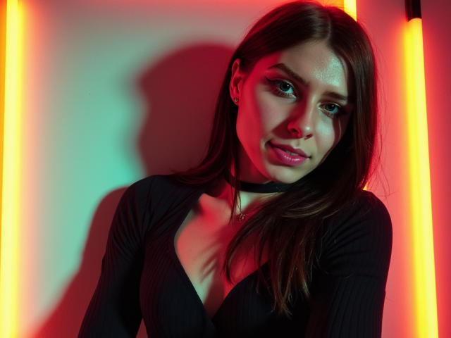GlamPia with long brown hair, black choker, and black V-neck shirt, looking seductively at the camera, illuminated by red and yellow neon lights, showing her tits subtly.