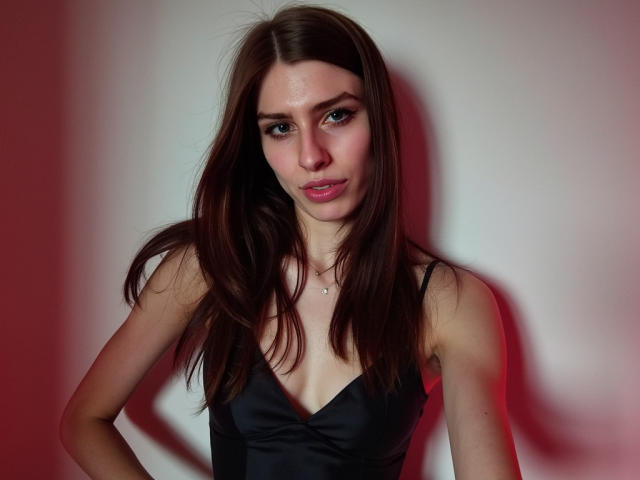 GlamPia has long brown hair, a slim build, small tits, and a cute face with subtle makeup. She's wearing a black dress, standing against a white wall.