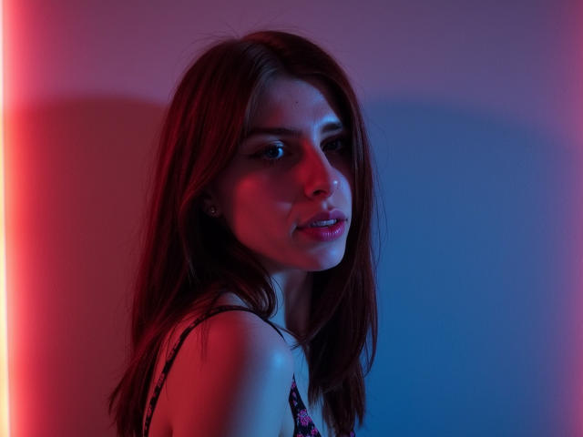 GlamPia has red hair, wearing a patterned top, with blue and red light casting on her face, looking over her shoulder with a slight smile, showing her tits.