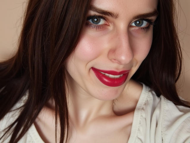 GlamPia has red lipstick, blue eyes, and a slight smile with visible teeth. She has brown hair, a fair skin tone, and is wearing a white shirt.