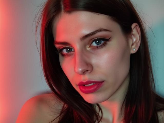 GlamPia's face with red and blue lighting, brown hair, blue eyes, pink lipstick, winged eyeliner, and small earrings, looking slightly to the side with a subtle smile.