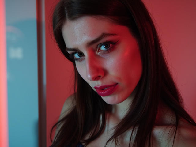 GlamPia with long brown hair, red lipstick, and heavy eyeliner, looking down with a slightly pouty expression, illuminated by red and blue lighting. Her tits are not visible.