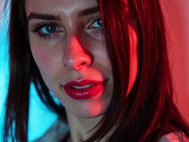 GlamPia's face with red and blue lighting, brown hair, red lipstick, and slightly parted pink lips. Her eyes are blue and she's looking directly at the camera.