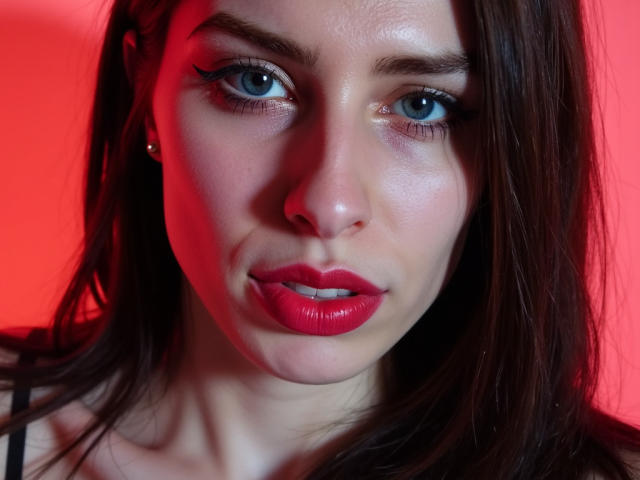 GlamPia has bright blue eyes, glossy red lips, and straight brown hair. Red light highlights her face, showing subtle skin texture. She wears small earrings.