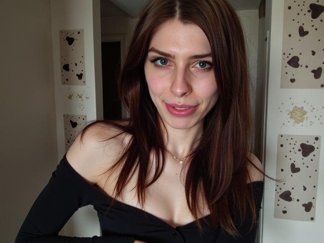 GlamPia with long brown hair, blue eyes, and pink lips, wearing an off-shoulder black top, showing her small tits, smiling softly, standing in a room with wall decorations.