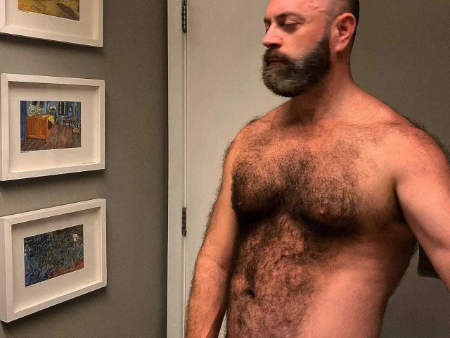 DmitriBr, a hairy-chested, bearded man with a shaved head, stands naked, showing his muscular, hairy torso and flaccid penis, in a bathroom with framed pictures on the wall.