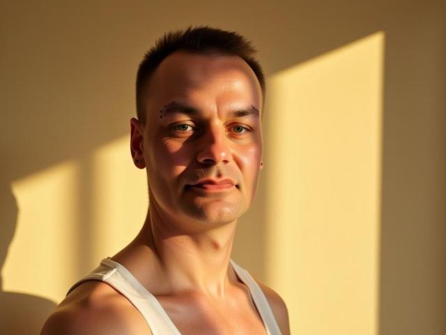 Capio has a shiny face, short brown hair, and a slight smile, wearing a white tank top, with sunlight casting shadows on a beige wall.