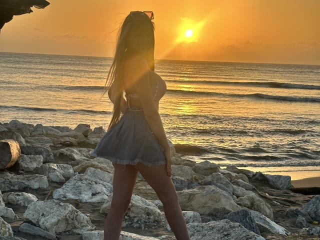 CamiiLaa standing on rocky beach, sun setting, back to camera, wearing grey skirt, long brown hair, sun rays, small tits, cute ass, ocean waves, rocks, warm orange sky.