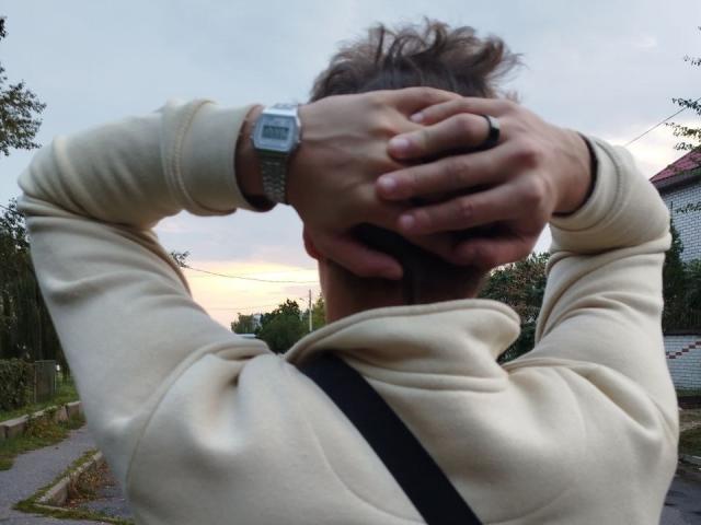 LucasLong's back, hands covering head, wearing a beige hoodie, black strap, silver watch, and black ring, sunset in background, overcast sky, trees on left.