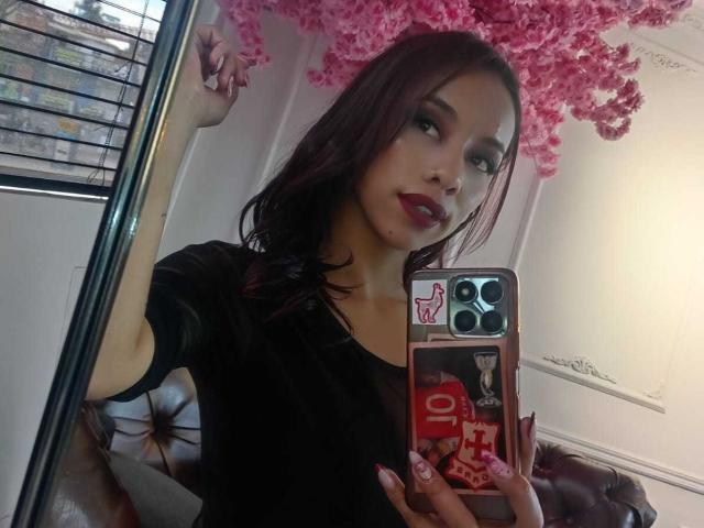 AmmyTorrezX with dark red lipstick, black shirt, holding phone with pink and red stickers, pink cherry blossom branch above, mirror reflection, brown leather couch, window blinds.