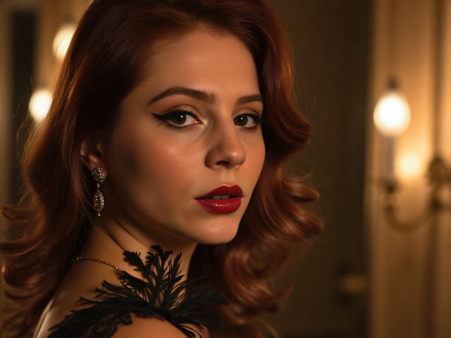 SashaExclusive tiene el pelo rojo y rizado, delineador de ojos oscuro, lápiz labial rojo y un collar de plumas negras. Lleva pendientes elaborados y mira por encima del hombro con una expresión seductora..
