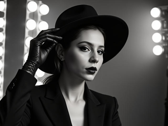 SashaExclusive in black leather gloves and wide-brim hat, looking serious with dark lipstick, wearing a black blazer, her hand touching the hat, black-and-white, sexy, model-like.