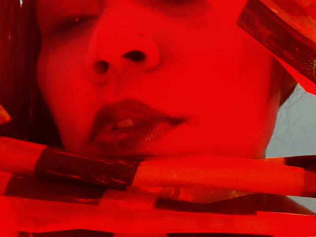 Red, flat, European-style paper cutout of a coat of arms with a red center and blue borders. Simple, bold lines, minimal detail, symmetrical design. No texture, just flat color.