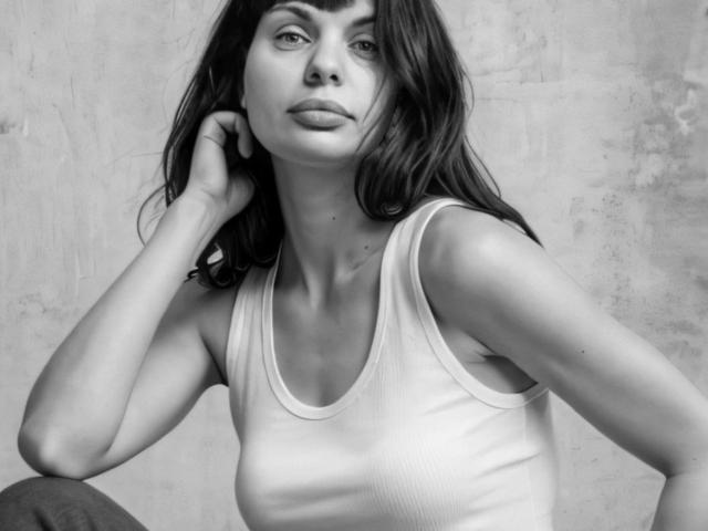 Fotografia in bianco e nero di MalayaMe, con il naso, le labbra e gli occhi a fuoco. Indossa un maglione a collo alto a coste, ha la frangia e un'espressione leggermente malinconica. I suoi genitali non sono visibili..