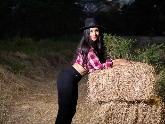 SophieJones69, avec de longs cheveux noirs, une chemise à carreaux rouges, un chapeau noir et un pantalon noir moulant, appuyée sur une balle de foin, montrant ses fesses, dans un champ herbeux et ensoleillé..