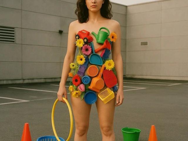CatwalkStar-hot with colorful toy-covered tits and ass, standing in an empty parking lot, holding a yellow hoop, surrounded by orange cones and green and blue buckets.